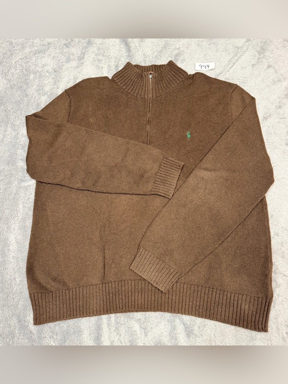 Ralph Lauren Men's Brown Zip-Neck Wool Sweater with Green Polo Logo